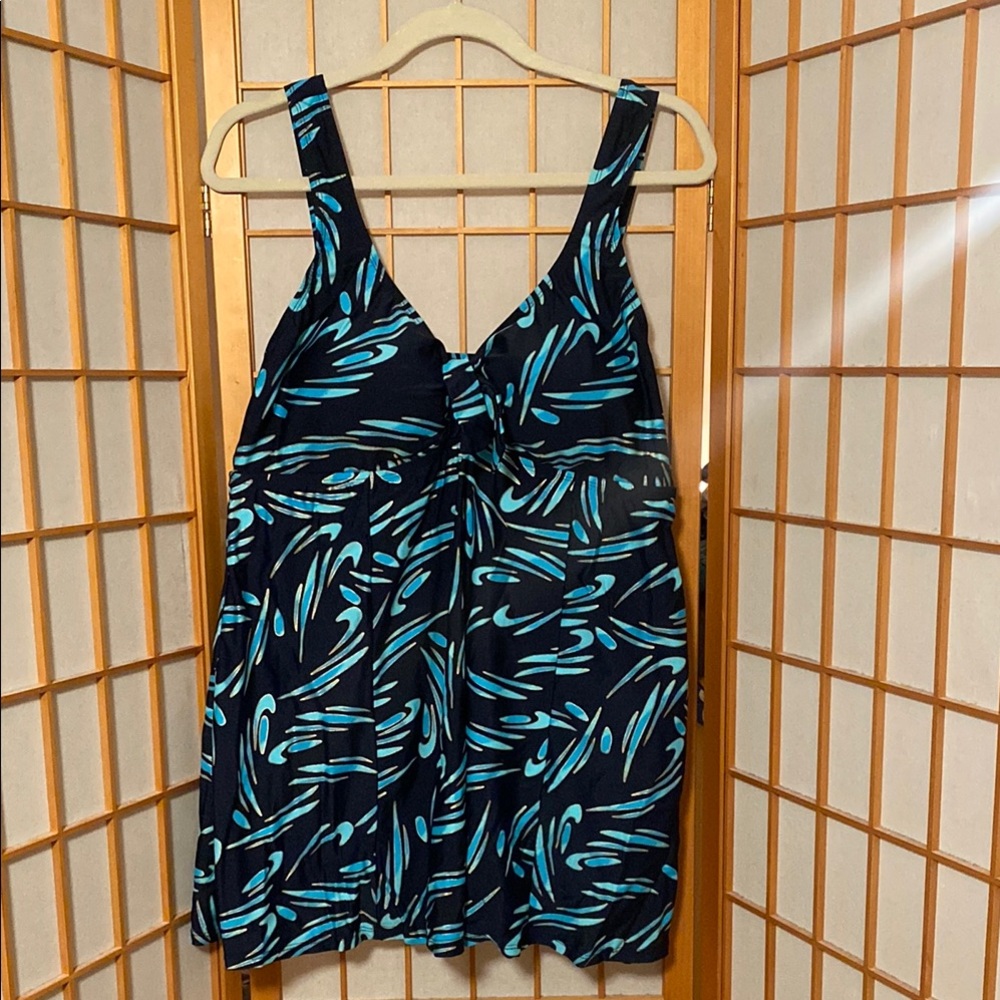 Swimsuits For All Bella Beach Navy Blue & Cyan Patterned SwimDress Size XL